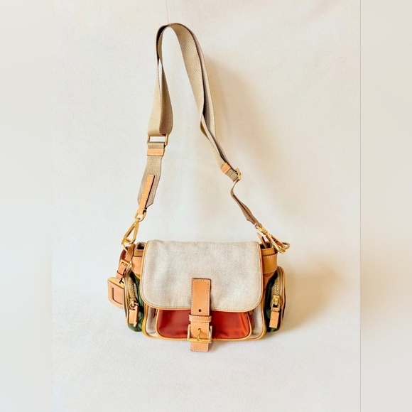Vintage PRADA Multi‑Pocket Camel Leather & Canvas Shoulder Bag – Grade A‑ - Picture 1 of 6